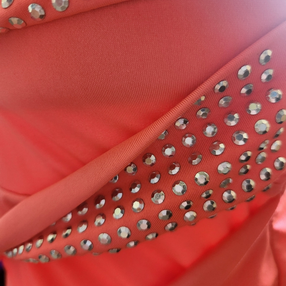 Y2K Vintage Deb Strapless Ruched NEON Orange Mini Dress Rhinestones S Party - Picture 5 of 16